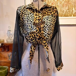 Vintage 1980’s Leopard Print Tie-Front Blouse with Sheer Black Sleeves